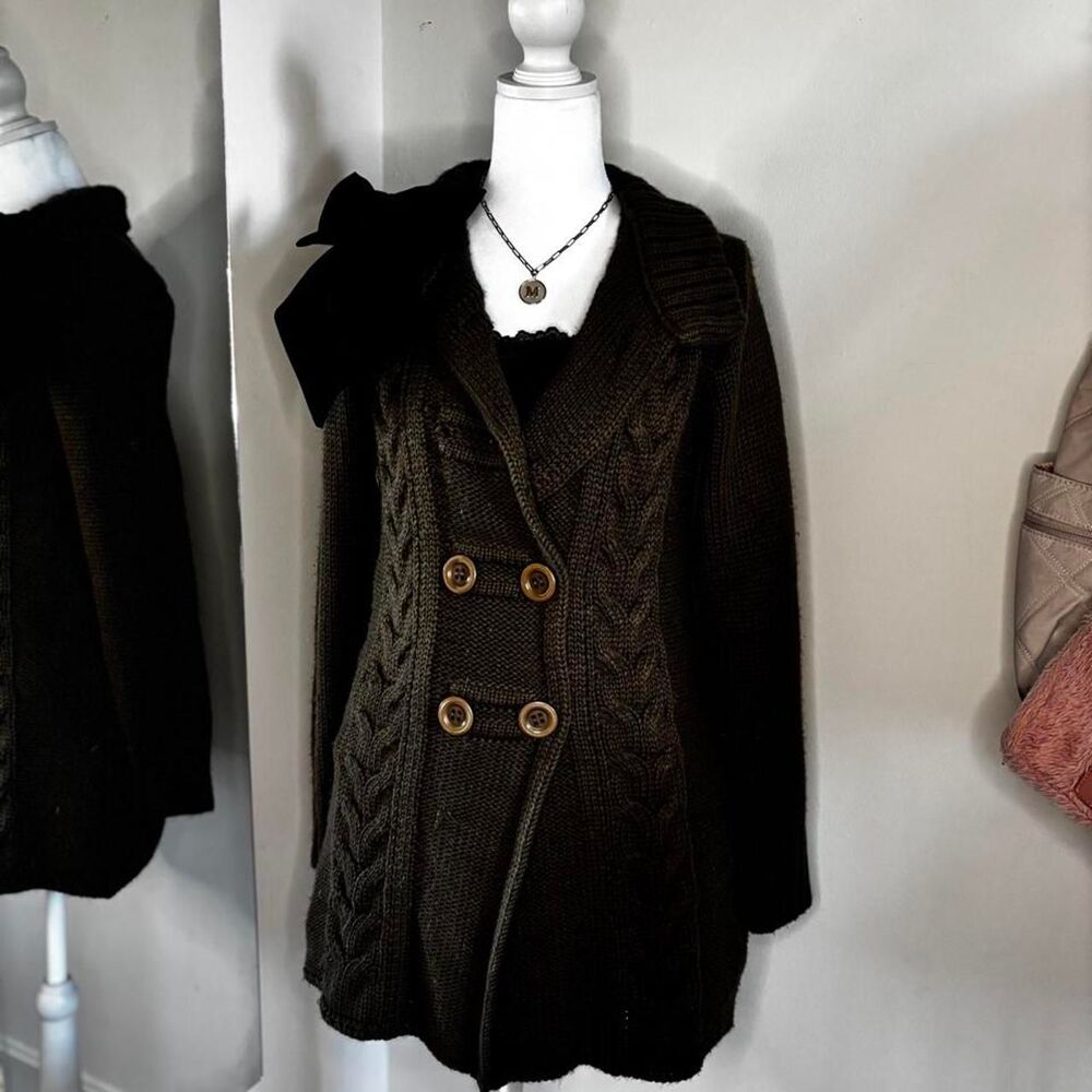 Ediméia Tricot Dark Olive Cable Knit Double Breasted Sweater Coat Unique